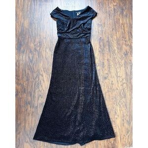 Tadashi Shoji • black sequin velvet gown draped off shoulder stretch formal